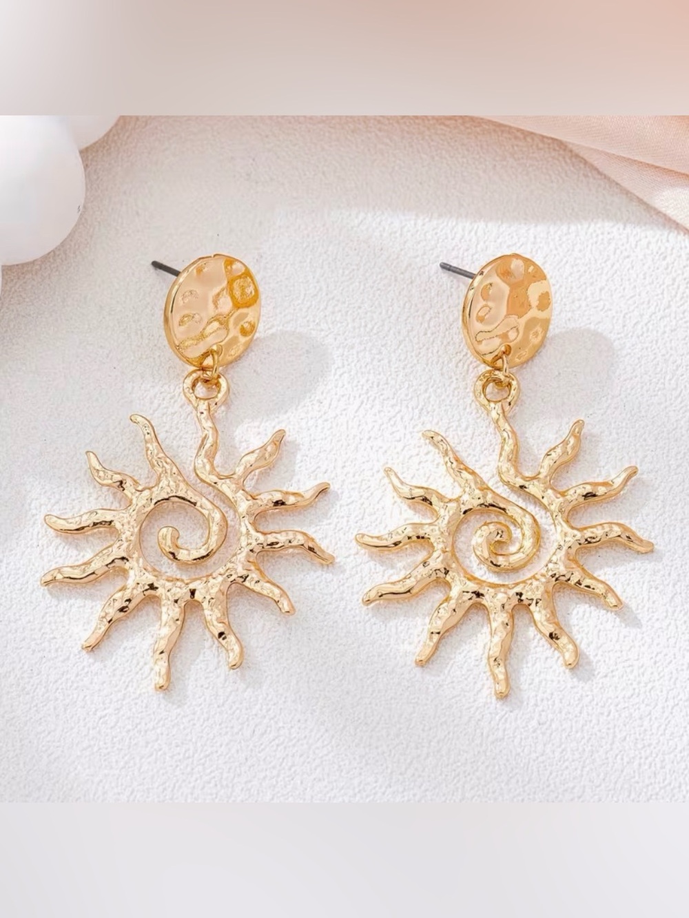 Sun Aztec Brutalist Inspired Hammered Pattern Earrings - Picture 4 of 8